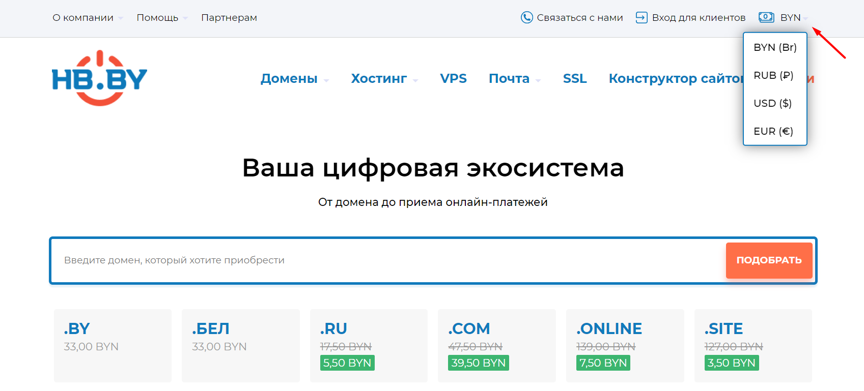 Скриншот. Отображение цен в валюте на сайте HB.BY