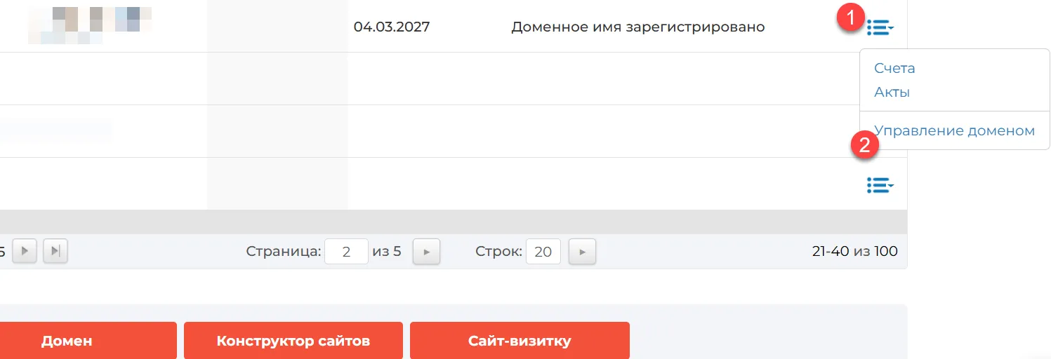 Столбец допдействий в разделе с заказами доменов и вход к управлению доменом Изображение 2
