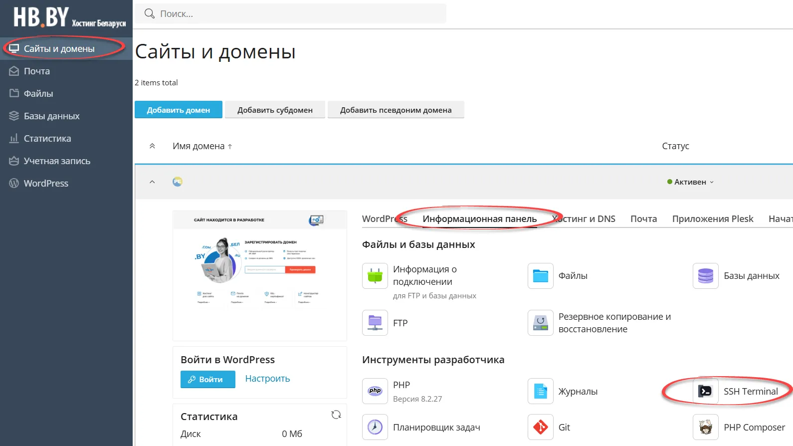 Вход в SSH Terminal в Plesk Изображение 4