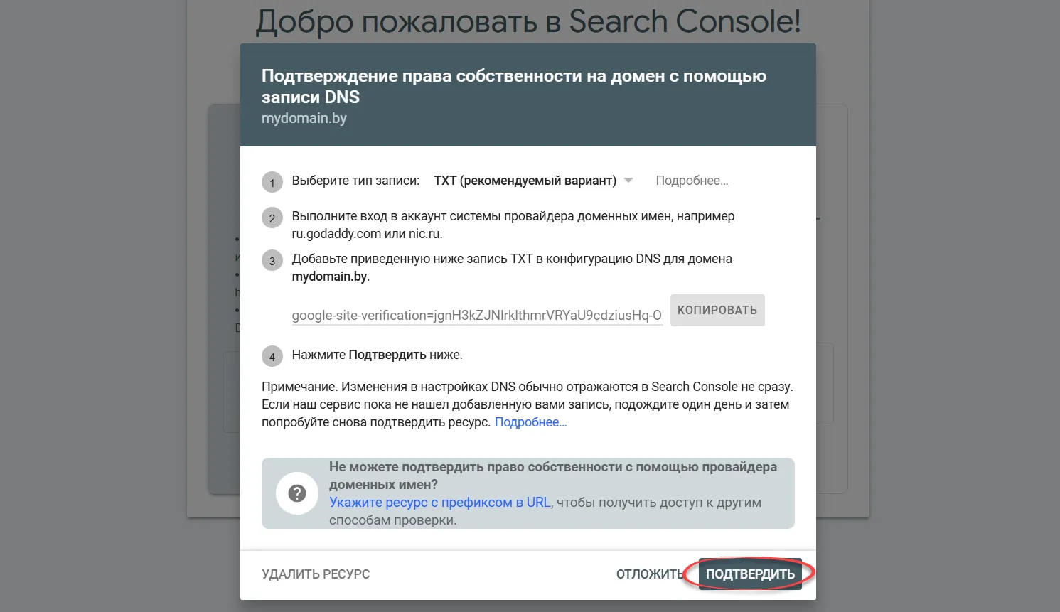 Подтверждение права собственности на домен Изображение 6