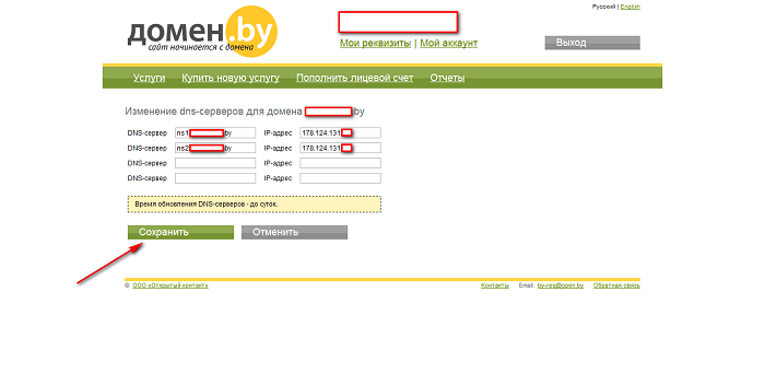 Как обновить DNS-серверы на domain.by - шаг 4