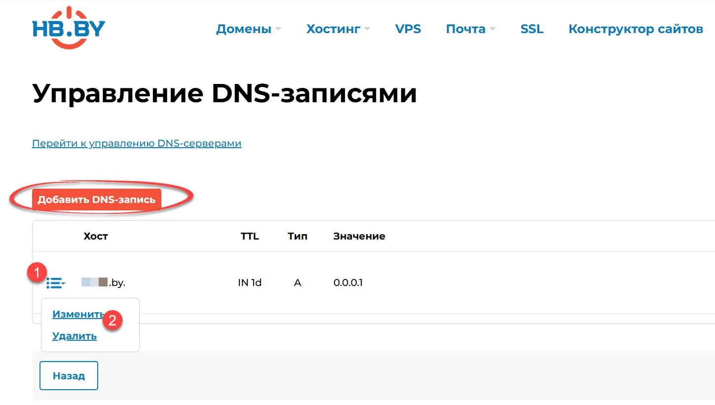 Управление DNS-записями Скриншот управления DNS-записями в панели регистратора