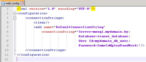 Пример конфигурационного файла web.config для доступа к базе данных Microsoft SQL