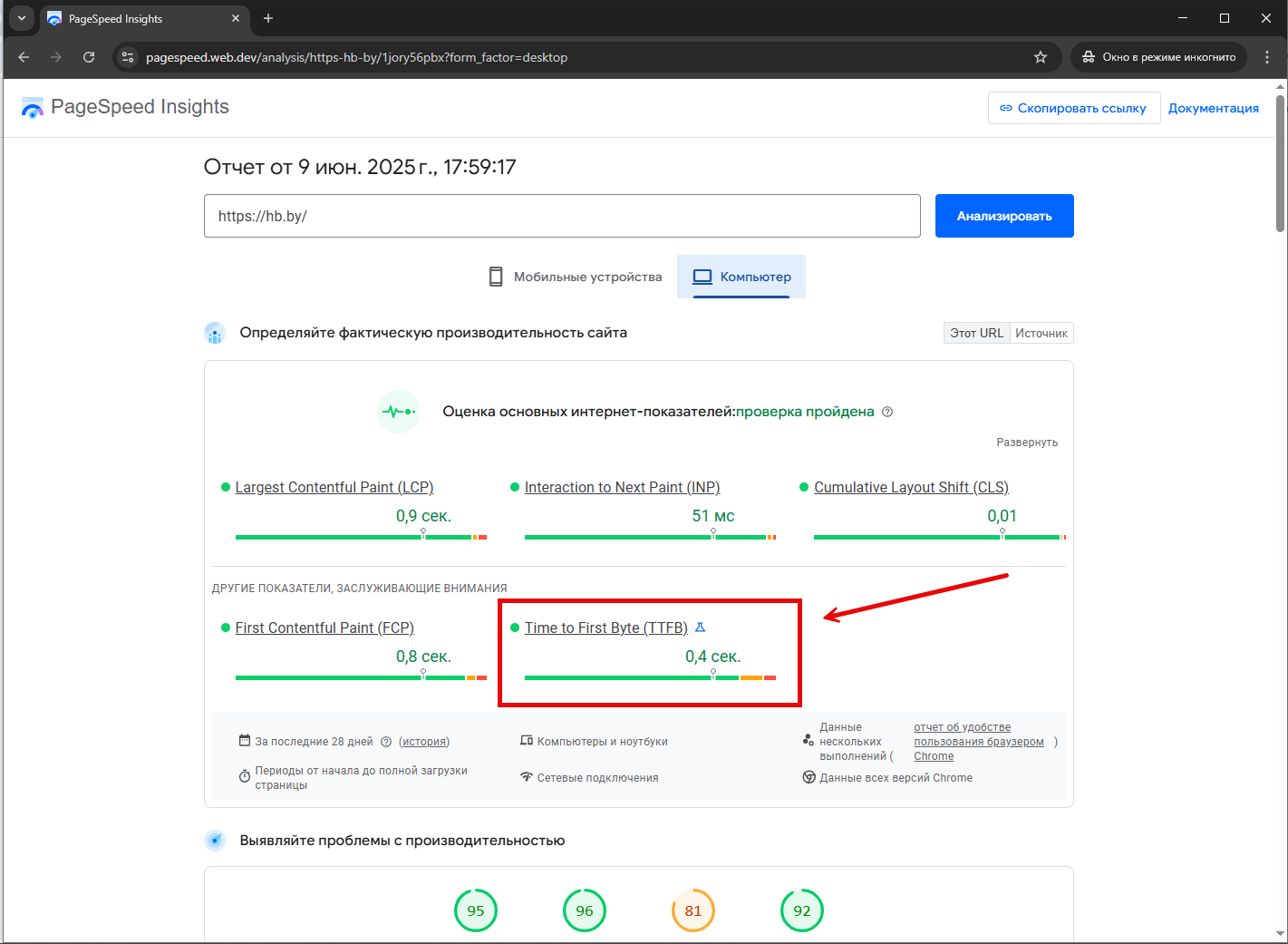 Показатель TTFB: 0,4 секунды при анализе скорости загрузки сайта в PageSpeed Insights Скриншот PageSpeed Insights с показателем Time to First Byte 0,4 секунды